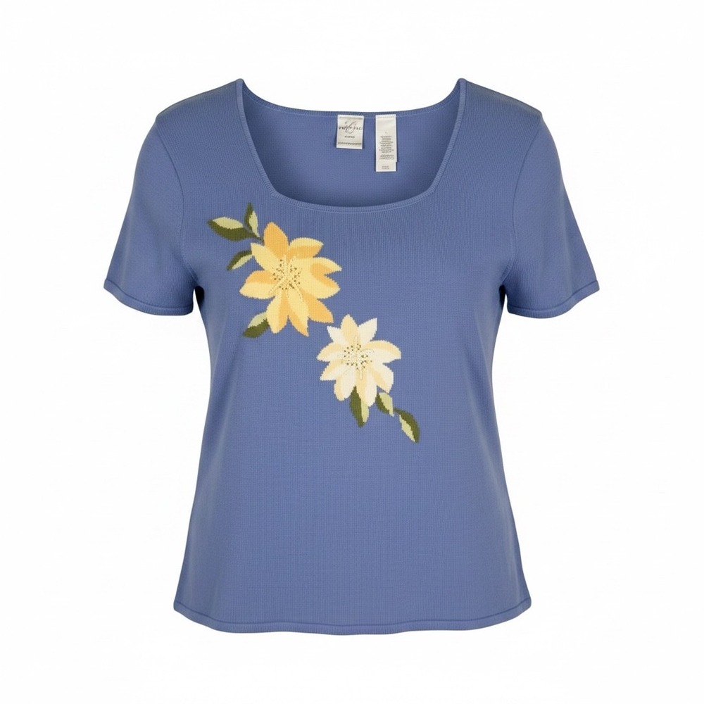 Emma James Knit Top 1X Blue Floral Embroidered Square Neck Cottagecore Career